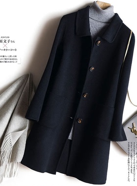 HE11081黑色双面羊毛大衣女中长款秋冬新款高端外套大码