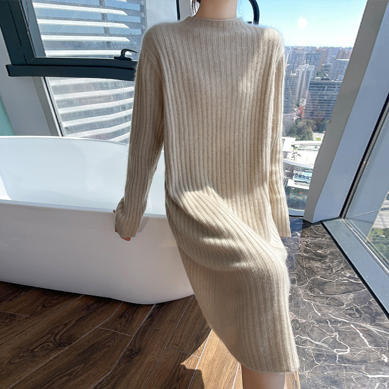 LHH2415秋冬女坑条羊绒连衣裙 高级感通勤百搭显瘦气质 内搭外穿