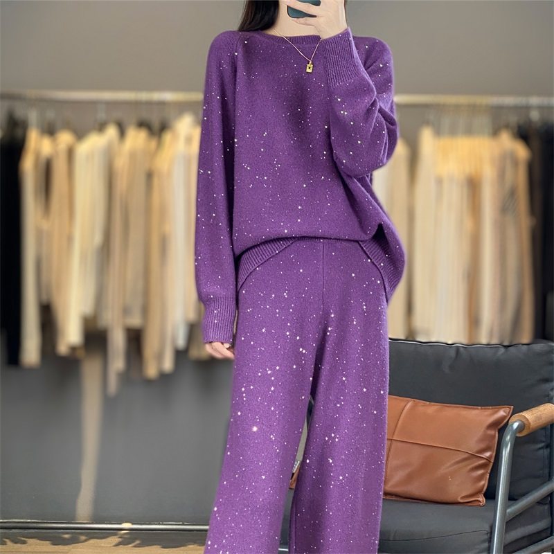 WZ836秋冬女100%羊毛亮片针织套装 圆领毛衣+阔腿裤星空风两件套