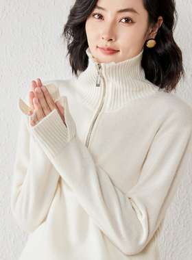 CB2505秋冬女100%羊毛半拉链翻领毛衣打造简约高级的通勤穿搭格调