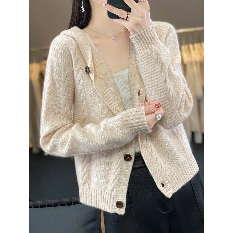 MT8163纯羊毛衫连帽开衫女韩版百搭毛衣外套