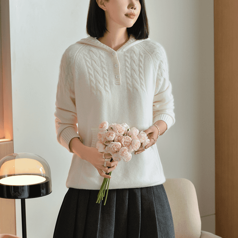 秋冬新款百搭纯羊毛衫女七针双线加厚连帽纯色休闲针织衫SS624