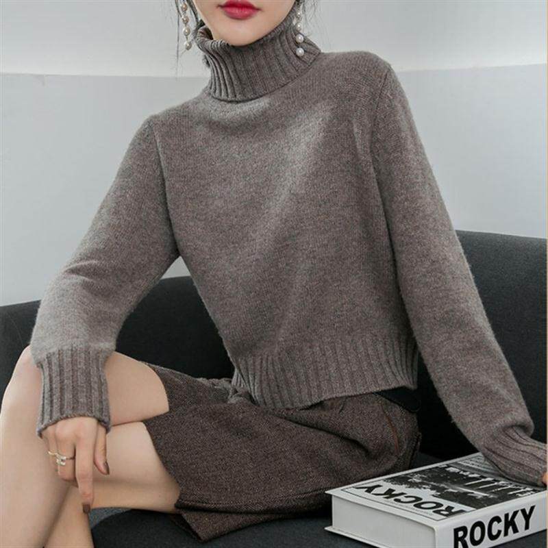 MT8001-4高腰短款羊毛衫短款高翻领女毛衣宽松小款短版加厚针织衫