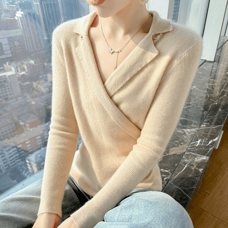 QS-233秋冬新款法式复古纯羊毛V领针织衫修身显瘦交叉纯色打底衫