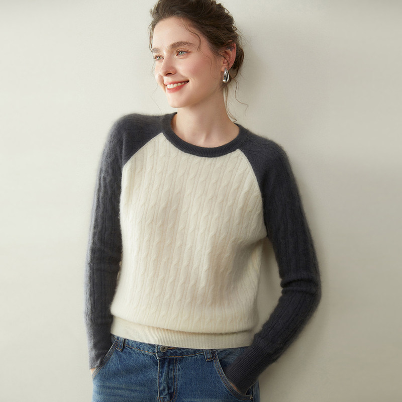 TC8049轻奢女士羊绒撞色毛衣插肩袖麻花设计秋冬外搭针织打底衫