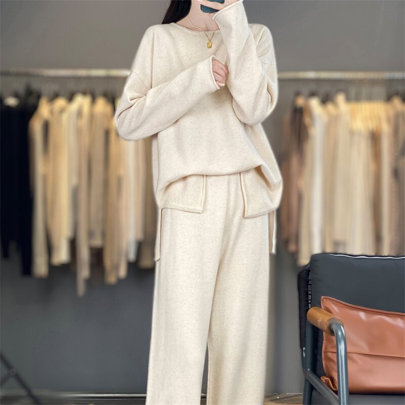 WZ878秋冬女士100%羊毛针织保暖两件套,12针圆领开叉休闲风套装