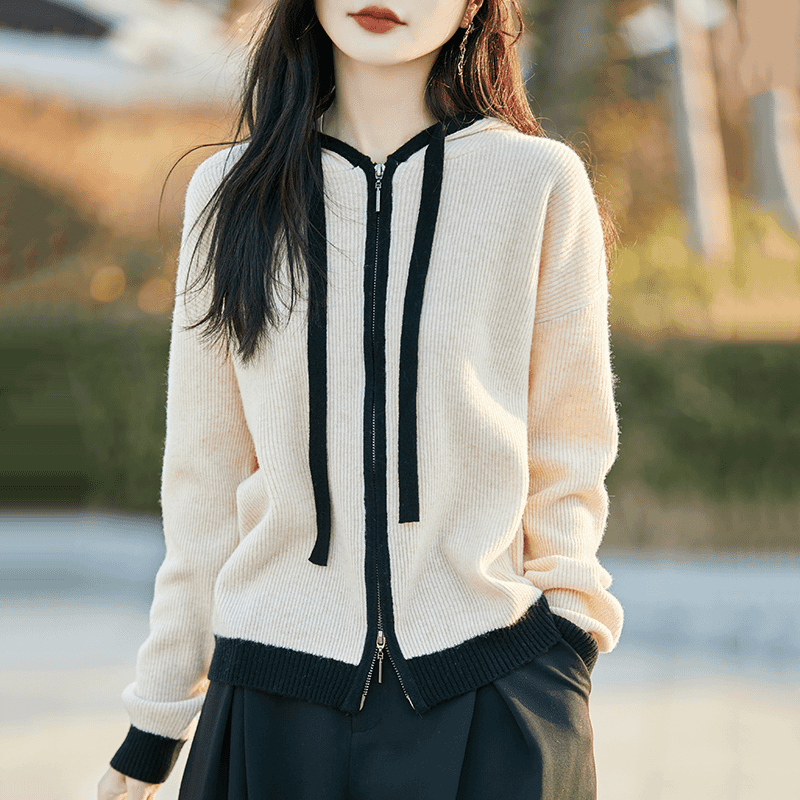 MT8256春秋新款连帽纯羊毛开衫女士双拉链拼色减龄卫衣外搭外套