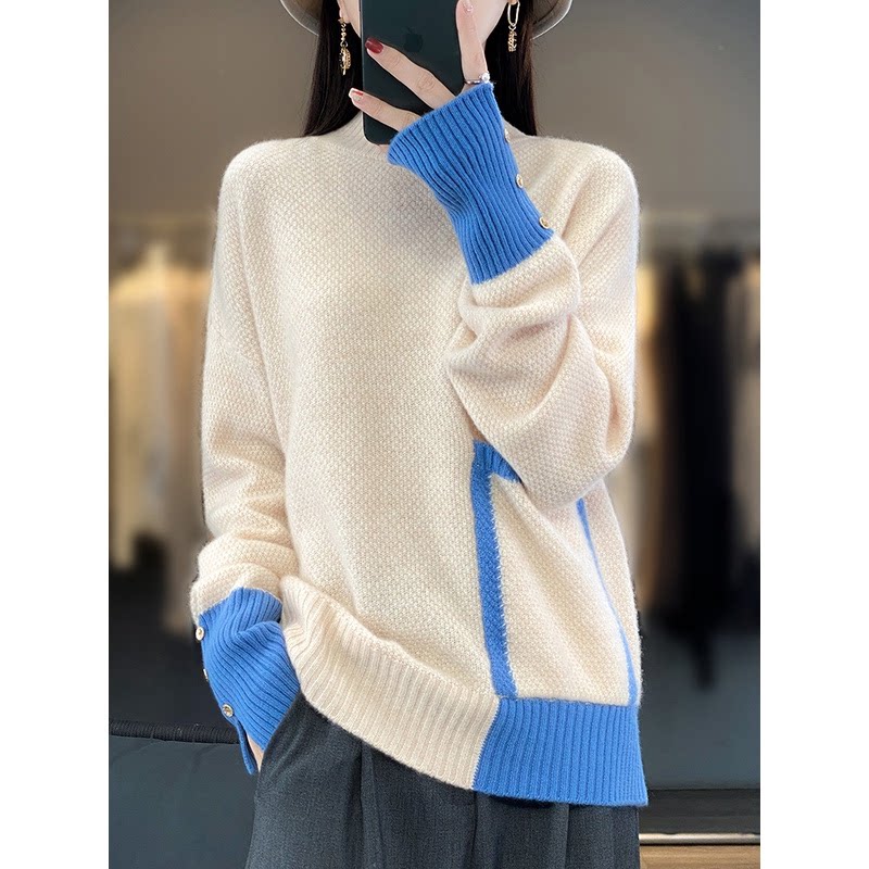 MT8160新100%纯羊毛衫女半高领韩版感时尚针织衫百搭通勤毛衣拼色
