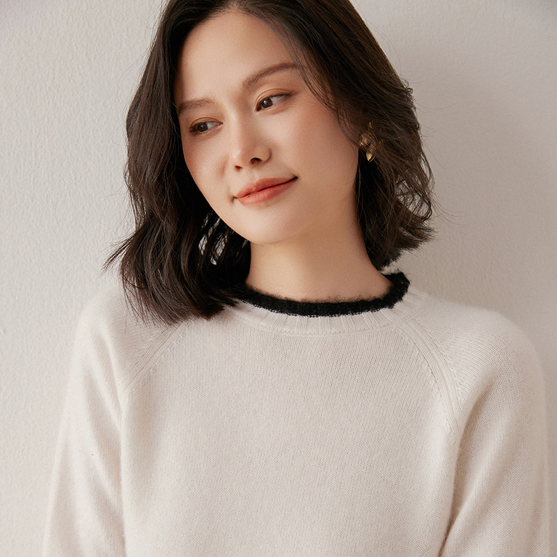 MQL433女士羊绒毛衣圆领菱纹提花宽松百搭针织衫秋冬打底保暖上衣