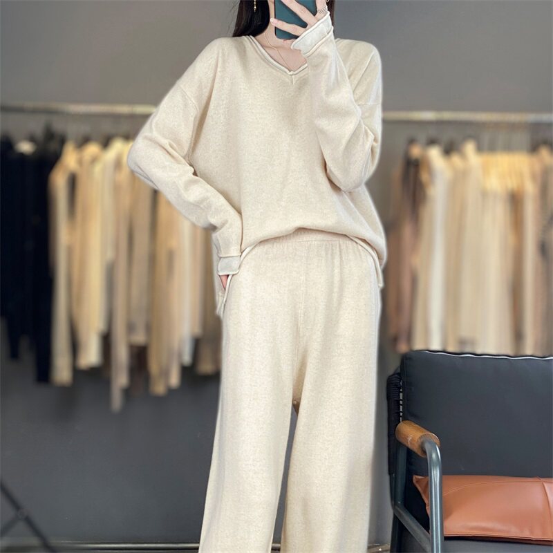 WZ867温柔氛围感满分!秋冬女100%羊毛假两件拼色V领针织保暖套装