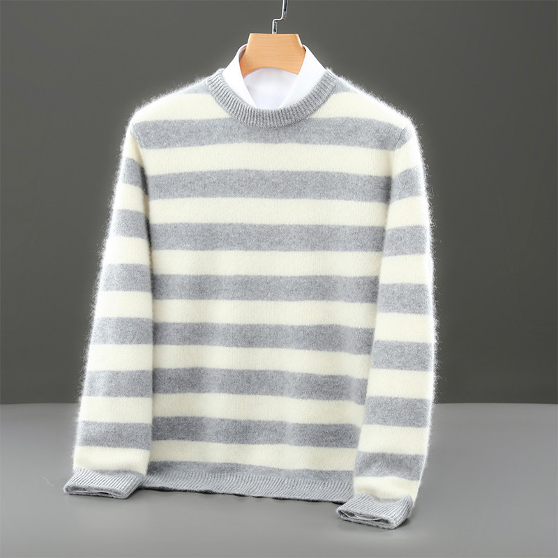 YC846秋冬男士100%羊毛圆领针织毛衣休闲百搭拼色条纹打底上衣