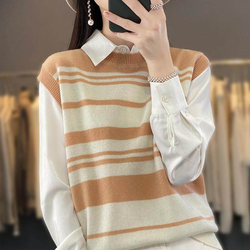 HY110新款女式羊毛衫圆领100%羊毛衫加厚拼色毛衣针织马甲背心