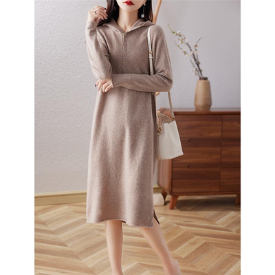 ZA23110--秋冬新款连帽羊毛衫女士中长款显瘦连衣裙