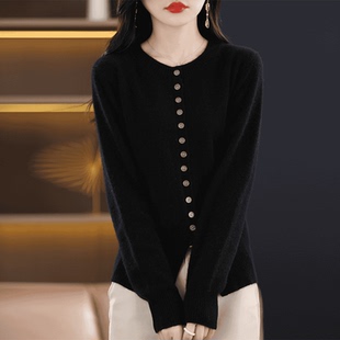 休闲百搭气质外出针织毛衣小衫 WRM074春秋薄款 纯羊毛圆领带扣开衫