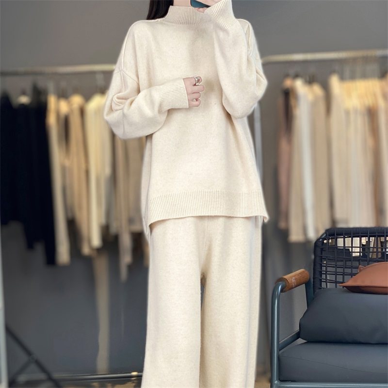 WZ856秋冬女100%羊毛针织套装 宽松毛衣+阔腿裤慵懒风休闲两件套