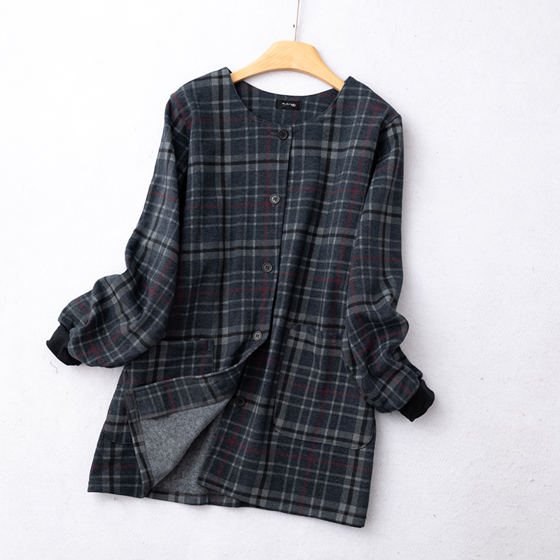 外贸原单格子长袖中长款上衣