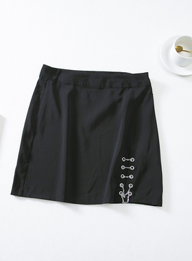 E39-3夏季新品女黑色短裙高腰小A字显瘦链条设计开叉包臀半身裙子