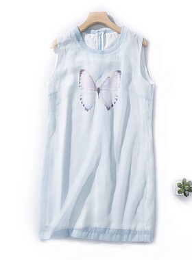 E45-3夏季断码清仓女欧根纱中长背心唯美蝴蝶花仙女裙圆领无袖T恤
