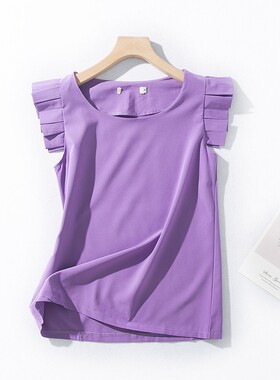 E18-4夏季新款女装浅紫色圆领压褶半袖气质小衫甜美荷叶边雪纺衫