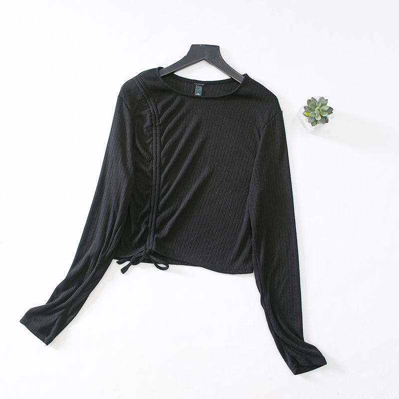 外贸清仓薄款针织系带超短T恤衫