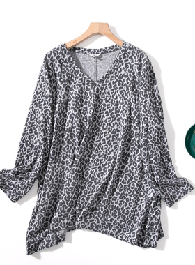 H10-4春季新品女装灰黑色豹纹印花V领长袖宽松大码拉绒磨毛针织衫