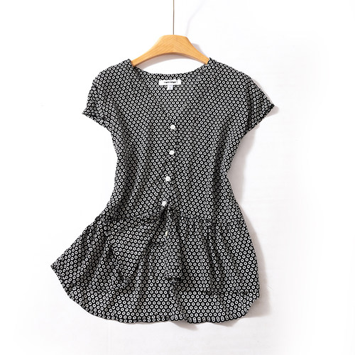 外贸单韩版V领碎花衬衫亚麻棉T恤