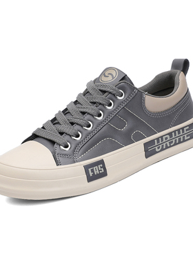 25868闪步男士新款潮流百搭休闲简约皮面春秋季平底系带开车板鞋