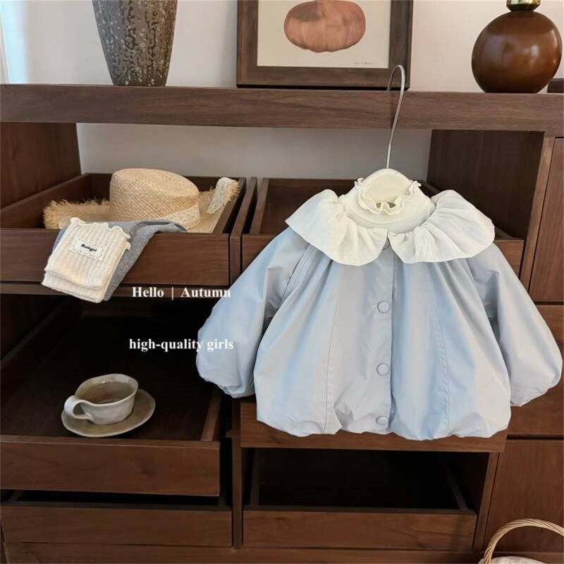 【甜小司】原创设计!女宝宝荷叶大翻领风衣外套花边打底裤套装潮