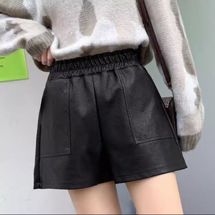 百搭皮短裤 女秋冬新款 显瘦a字裤 加大码 阔腿裤 时尚 女pu皮裤 女 女装