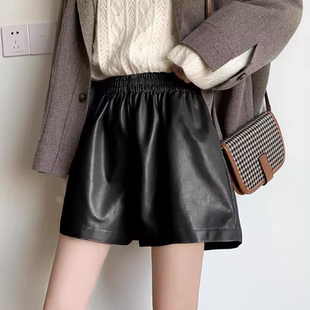 加大码秋冬新款pu皮裤短裤女胖mm显瘦百搭A字裤阔腿裤打底皮裤女