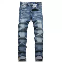 European and American New Style Foreign Trade Punk Style Slim Fit Slightly Elastic Retro Blue Embroidered Whiskered Mid-Waist Skinny Men's Jeans