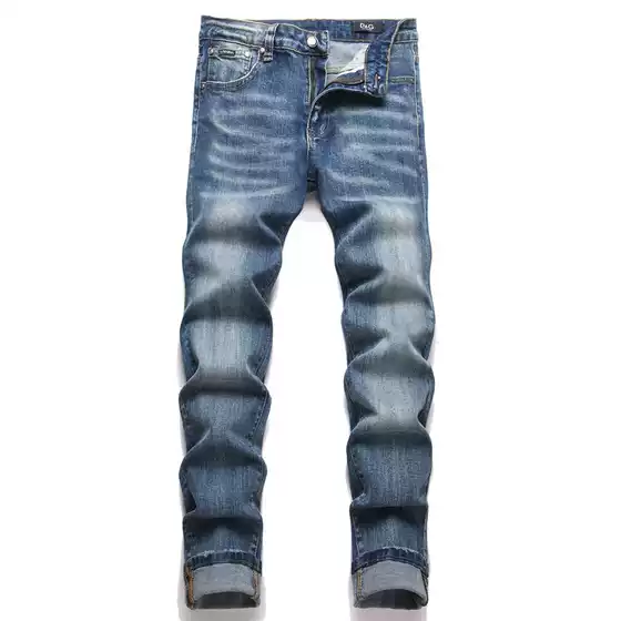 European and American New Style Foreign Trade Punk Style Slim Fit Slightly Elastic Retro Blue Embroidered Whiskered Mid-Waist Skinny Men's Jeans
