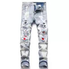 Men's Autumn New Punk Style Ripped Jeans, Casual Slim-Fit Mid-Rise Pants