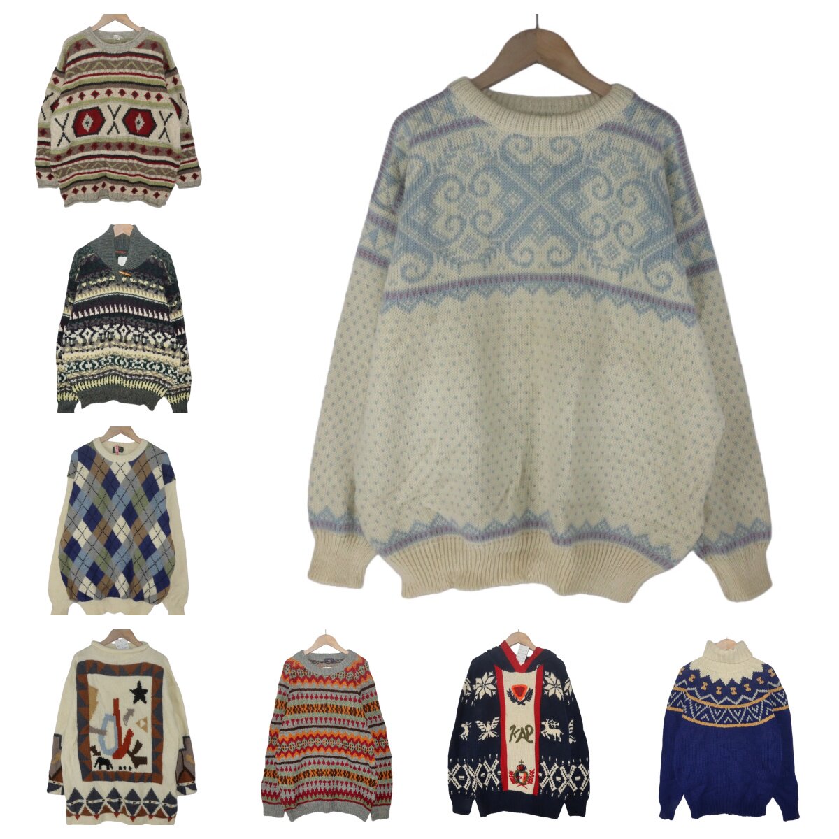 古着vintage孤品羊毛粗线北欧复古费尔岛文艺厚实波普图案毛衣A75