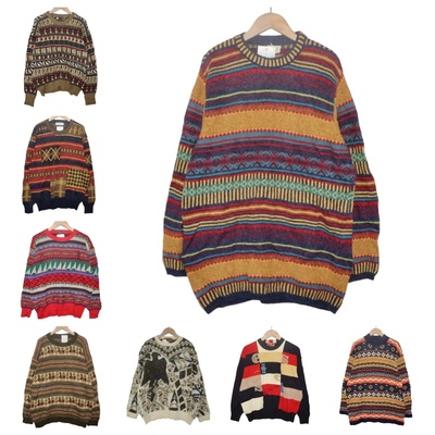古着vintage孤品羊毛粗线北欧复古费尔岛文艺厚实波普图案毛衣A66