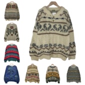 古着vintage孤品羊毛粗线北欧复古费尔岛文艺厚实波普图案毛衣A77