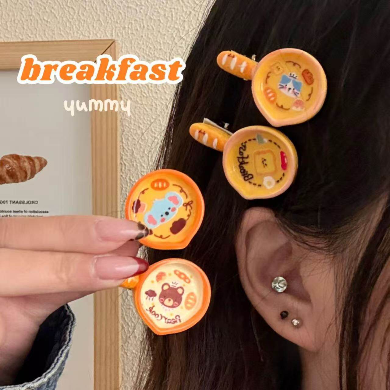新款可爱黄色猫咪小熊平底锅发夹少女心侧边刘海夹鸭嘴夹百搭发饰