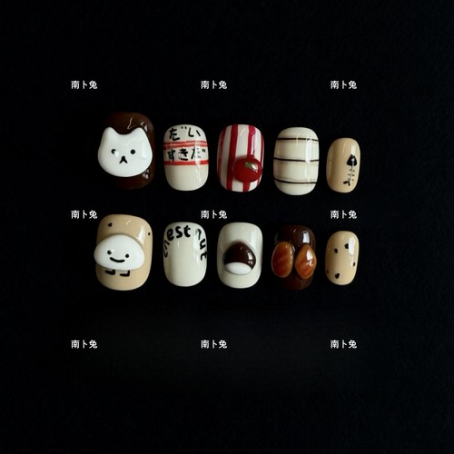 纯手工穿戴甲短款可爱卡通手绘立体雕花猫咪美甲显白咖色秋冬