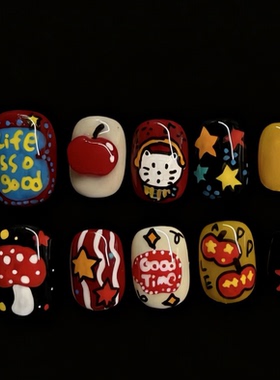 纯手工穿戴甲涂鸦手绘撞色多巴胺显白短款成品假指甲