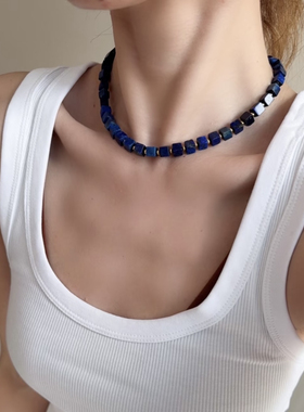 天然阿富汗老矿青金石方糖项链水晶锁骨链转运新中式百搭女款