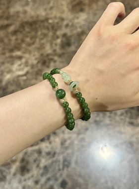 俄罗斯碧玉老矿菠菜绿两圈手链搭配和田玉晴水葫芦跑环原创手串女