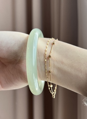 和田玉青白玉冰底晴水圆条手镯胖圆玉镯子少女款湖水绿青海料附证
