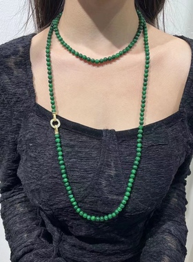 天然翡翠干青圆珠玉项链叠戴女款新中式国风百搭毛衣链阳绿色原创