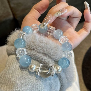 天然海蓝宝蓝天白云手链搭配阿塞方糖白水晶手串原创女款老矿
