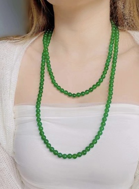 天然冰种帝王绿玉髓108佛珠项链毛衣链翡翠色玛瑙念珠叠戴款原创
