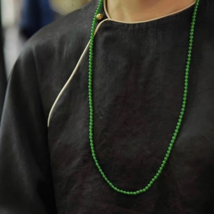 天然俄罗斯碧玉小米珠长款毛衣链和田玉阳绿项链中式苹果绿国风女