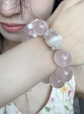天然莫桑比克冰种粉水晶手链搭配女单圈手串送闺蜜礼物高级感手饰