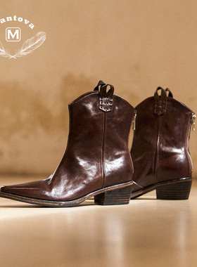 Mantova曼托瓦手工马皮尖头牛仔靴复古真皮粗跟百搭切尔西短靴女