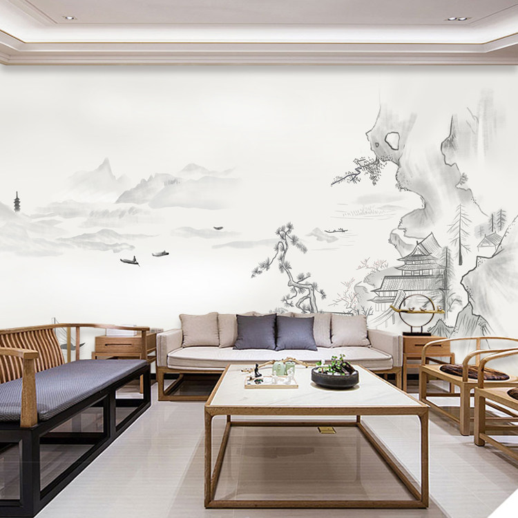 新中式山水墙纸客厅餐厅背景墙壁纸茶室卧室中国风墙布定制壁画