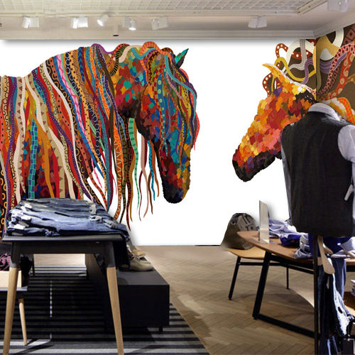 彩色骏马壁画现代简约个性艺术墙纸服装店电视酒吧背景墙壁纸663